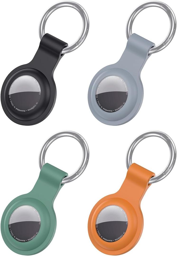 4 x AirTag Holder with Keychian, Compatible with Apple Airtags, Durable Silicone Protective Case for Airtag, Anti-Scratch & Keychain Attachment (Black+Lavender Grey+Dark Green+Brown)