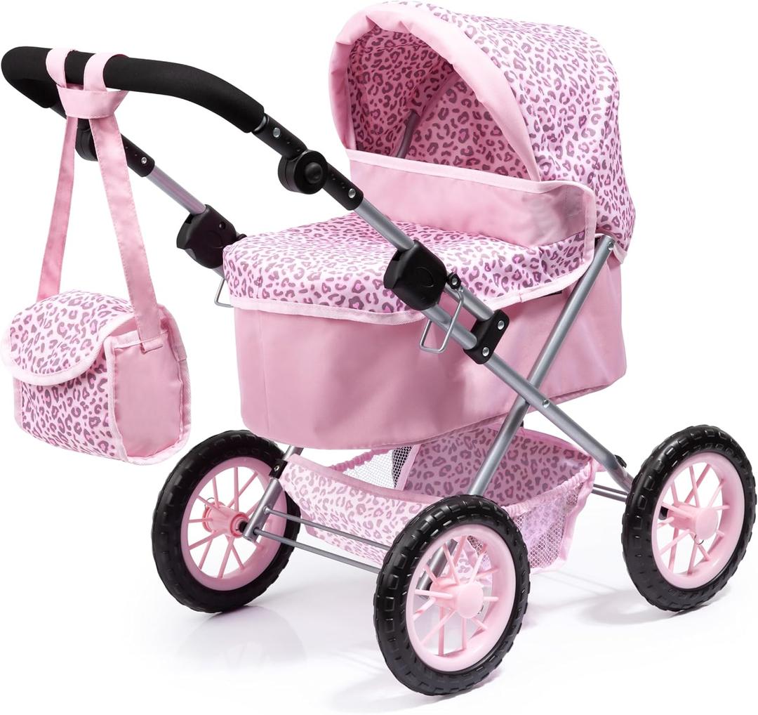 Bayer Trendy Baby Doll Pram Stroller with Accessories, Pink Animal Print, Adjustable Handle, Foldable Design, for Kids Ages 3+