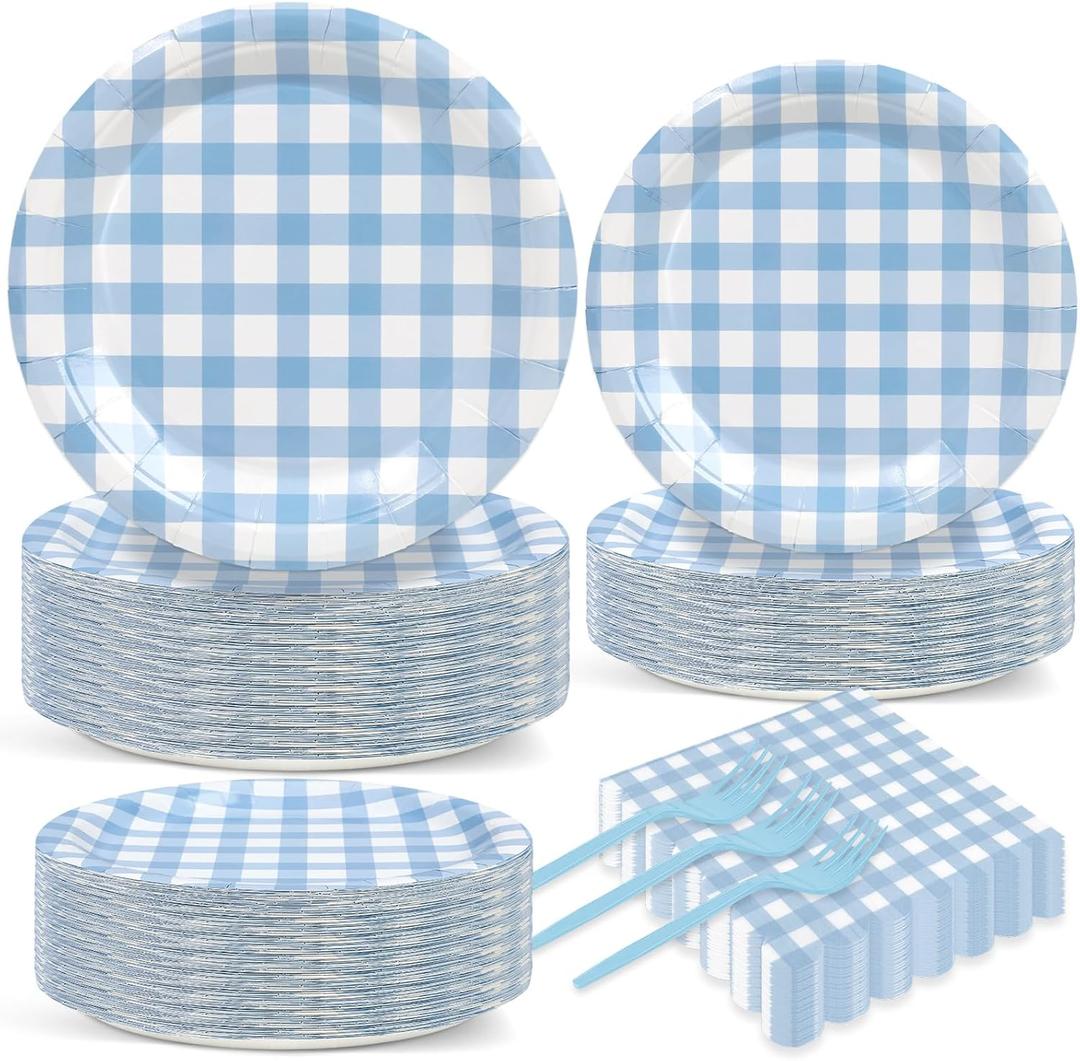 200 Pcs Blue Plaid Tableware Set Blue And White Checkered Birthday Party Supplies Disposable Plaid Paper Plates Napkins Dinnerware Set Girls Barbecue Picnic BBQ Birthday Decoration Serve 50 Guest
