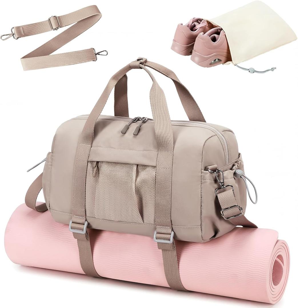 LEDAOU Small Gym Bag for Women, Mini Duffle Bag with Yoga Mat Holder Lightweight Carry On Sports Bag with Separate Shoe Pocket & Wet Pocket Duffel Bags Dance Yoga Workout Bag (Camel)