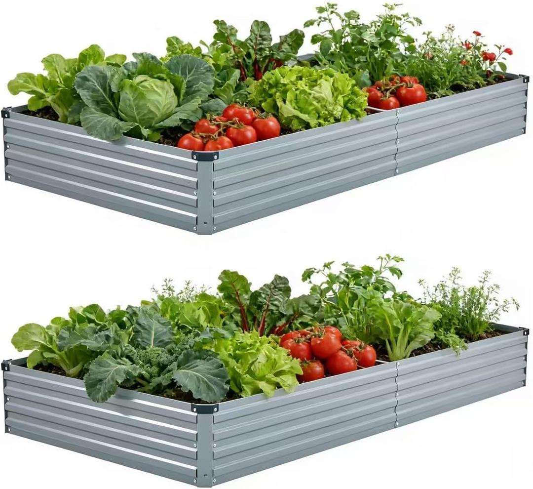Foxlang 8x4x1ft(2 PCS) Galvanized Raised Garden Bed, Outdoor Planter Box Metal Patio Kit Planting Bed for Vegetables, Flowers, Herb, Gray