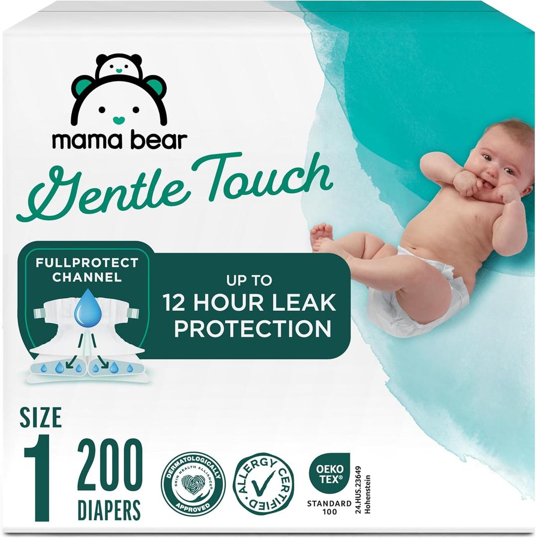 Amazon Brand - Mama Bear Gentle Touch Baby Diapers, Size 1, Leak Protection, Wetness Indicator, Umbilical Cord Cutout, 200 Count (4 packs of 50)