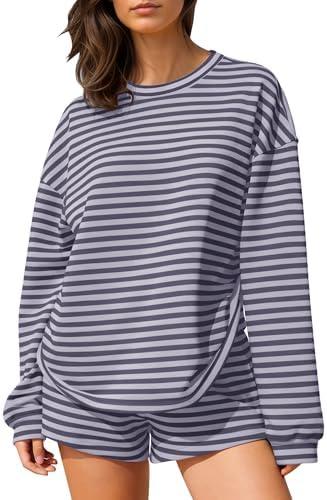 MISSACTIVER Women's Striped Lounge Set Long Sleeve Tee Shirts Drawstring Wide Leg Shorts Matching 2 Piece Pajamas Set small