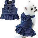 ANIAC Denim Dog Dresses for Small Dogs Puppy Girl Clothes with Leash Ring and Cute Bow Knot Summer Cat Apparel with D-Ring Blue Girl Dog Clothes (DAR Blue,Large)