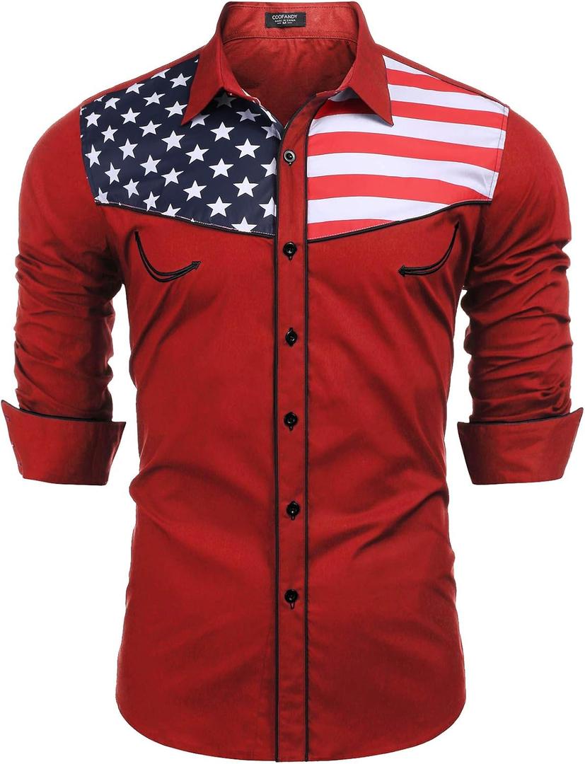 COOFANDY Men's American Flag Button Down Shirts Western Cowboy Shirt Slim Fit Patriotic Long Sleeve Shirt (Red)