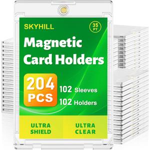 Skyhill 102ct Magnetic Card Holders, 35pt Acrylic One Touch Card Holder with Extra 102 Protective Sleeves, U-V Protection& Waterproof Hard Plastic Card Protectors for Trading Cards, Sports, Game Cards