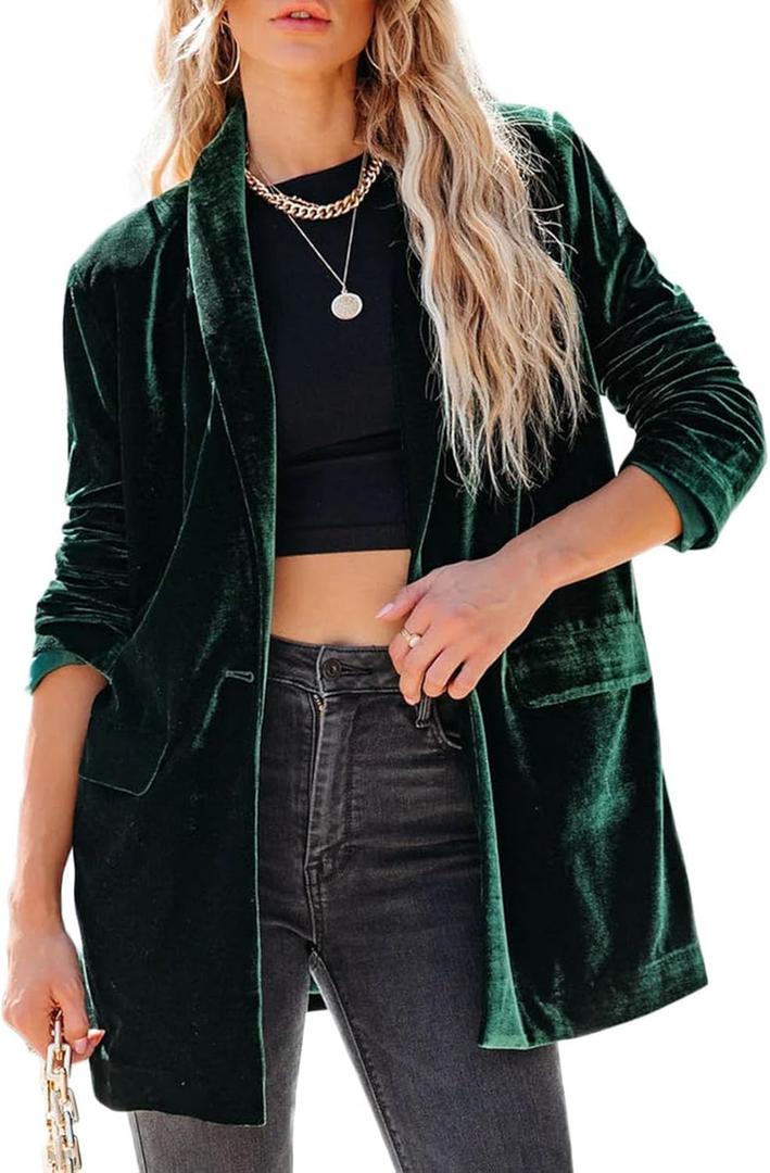 Happy Sailed Women's Velvet Blazer Jackets Casual Long Sleeve Lapel Collar Pocketed Blazer Suits Work Outfits (Green)