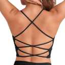 DaiLiWei Strappy Sports Bras for Women High Support Longline Open Back Workout Tops Padded Cross Yoga Crop Tank Built in Bra (Large, Black)