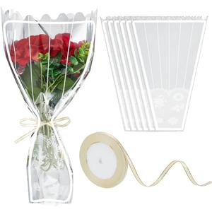 arricraft 100 Pcs Clear Flower Bags for Bouquets with 22m Silk Ribbons, Floral Wrapping Plastic Craft Supplies for Wedding Valentine's Day Florist Packaging, 17x11Inch