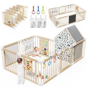 Large Wooden Baby Playpen with Locking Gate for Babies and Toddlers