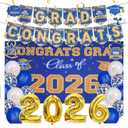 baotongle 2026 Graduation Decorations Themed Set Congrats Grad Backdrop Balloons Banner and Streamers Hanging Swirls Kit for Party Supplies High School College Celebrations(Blue)