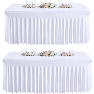 Besutolife 6ft White Tablecloth Rectangle Spandex Tablecloth 2PCS Banquet Table Skirts for Rectangle Tables Parties Wedding Dining Table