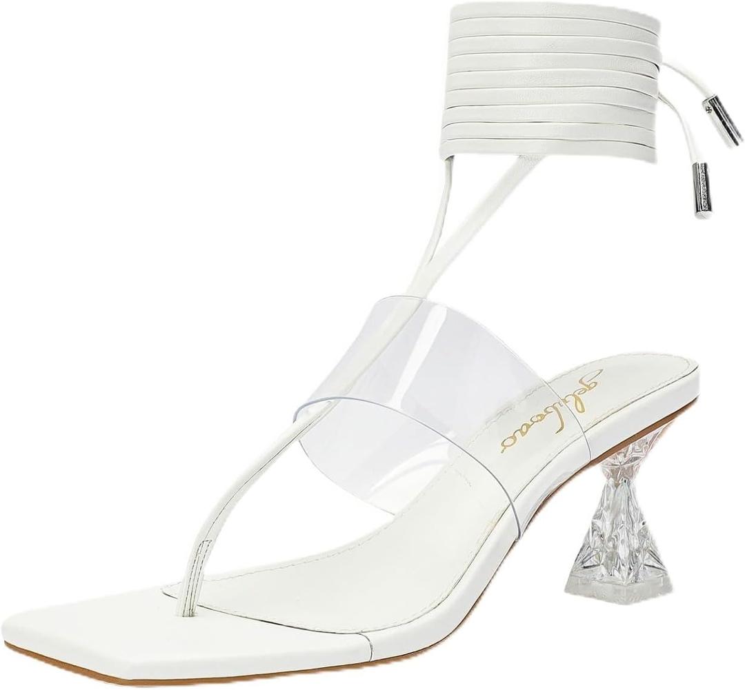Heels for Women Square Open Toe Lace Up Thong Strappy Heel Sandals Sexy Tie Up Clear Chunky Heeled Sandals for Party Wedding (10, White)