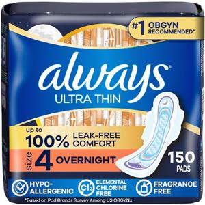 Always Ultra Thin Feminine Pads with Wings for Women, Size 4, Overnight Absorbency, Unscented, Up to 100% Leak-Free Comfort, 50 Count, 3 Packs