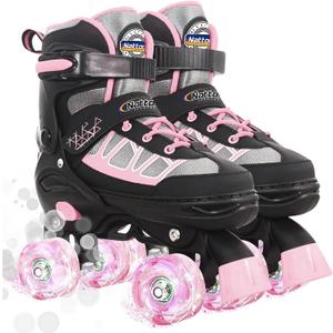 Nattork Roller Skates for Kids Boys Girls, 4 Size Adjustable Rollerskates with Light Up Wheels for Children Beginners for Outdoor Indoor (Medium (13C-2), Pink)