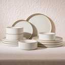 Famiware Nebula Plates and Bowls Sets, 12 Pieces Stoneware Dinnerware Sets, Reactive Glaze Dish Set, Dishes Set for 4, Matte Beige White with Brown Rim