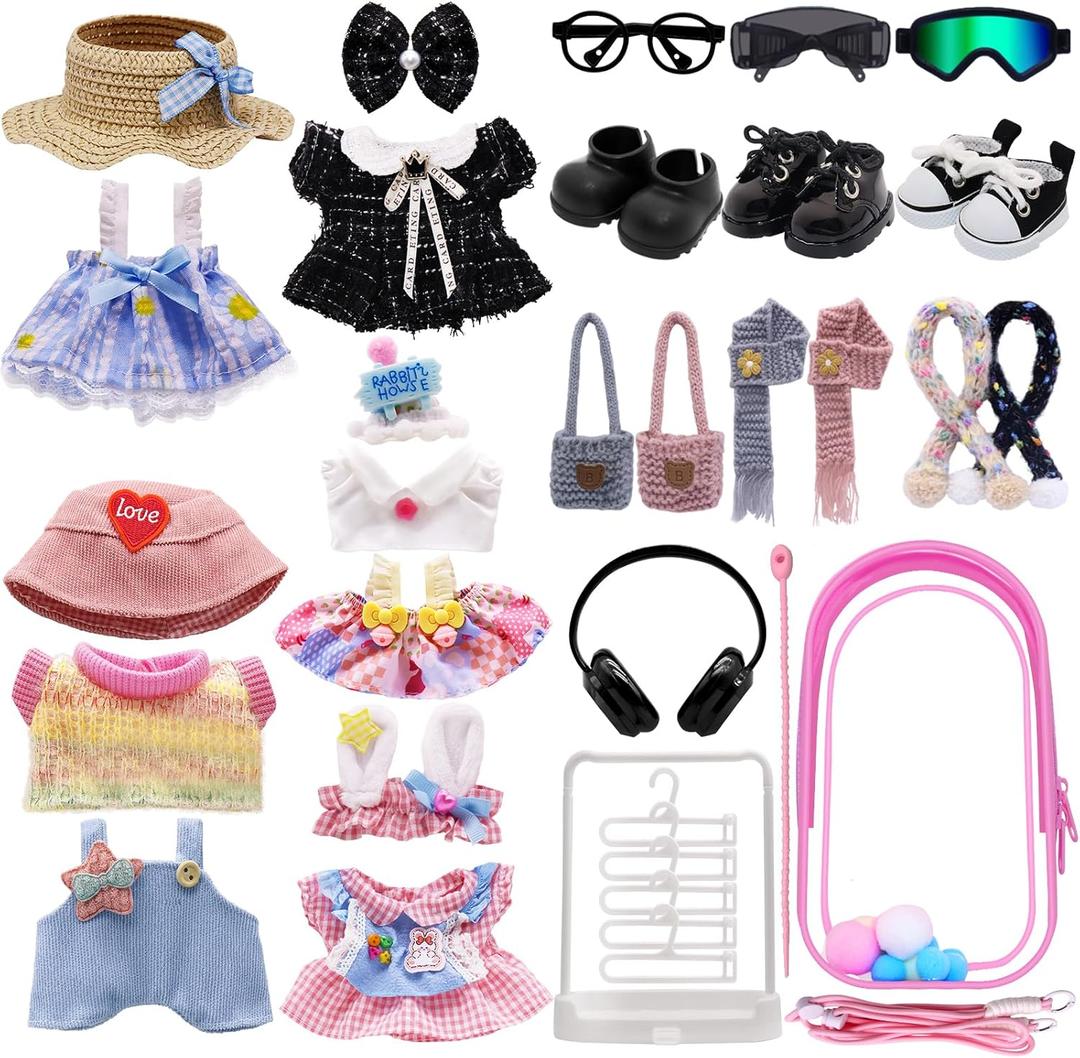 Clothes for Labubu, 24-piece Clothes and Accessories Set Designed for Labubu Doll Clothes, Includes Display Bag, Clothes Rack, Scarf, Knitted Bags, Headphones, Glasses, and Shoes Accessories - Style B (Set of 5 Outfits and 15 Accessories)