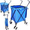 Foldable Shopping Cart with Wheels Wellmax WM99100 Series Grocery Cart on Wheels with Removable Canvas Bag & Cover, Portable Utility Cart for Laundry, Groceries & More Holds 120 lbs (Blue)