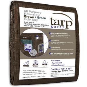 Kotap 12 x 16 Ft. All-Purpose Multi-Use Protection/Coverage 5-mil Poly Tarp, Reversible, Waterproof, Brown/Green, (TBG-1216)