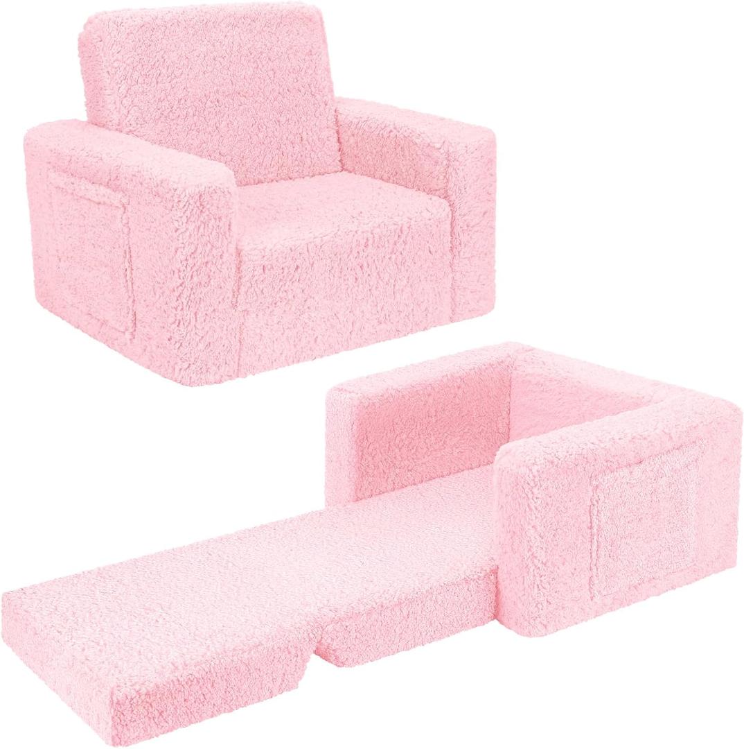 SLIGUY Toddler Couch Convertible Sofa to Lounger Pull Out Couch Sherpa Cover Dark Pink, Medium