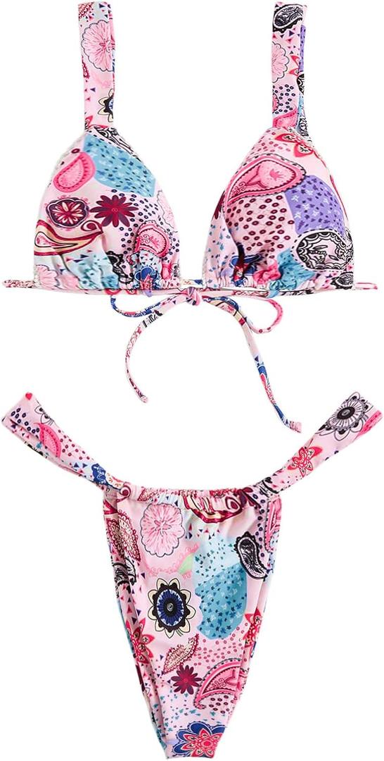 Women's High Waisted Bikini Set Floral Print Spaghetti Strap Smocked Wireless Bathing Suit Swimsuit 2 Piece Set (Large)