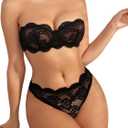 WDIRARA Women's 2 Piece Exotic Lingerie Set Floral Lace Mesh Sheer Strapless Bra and Panty Set (Black,small)