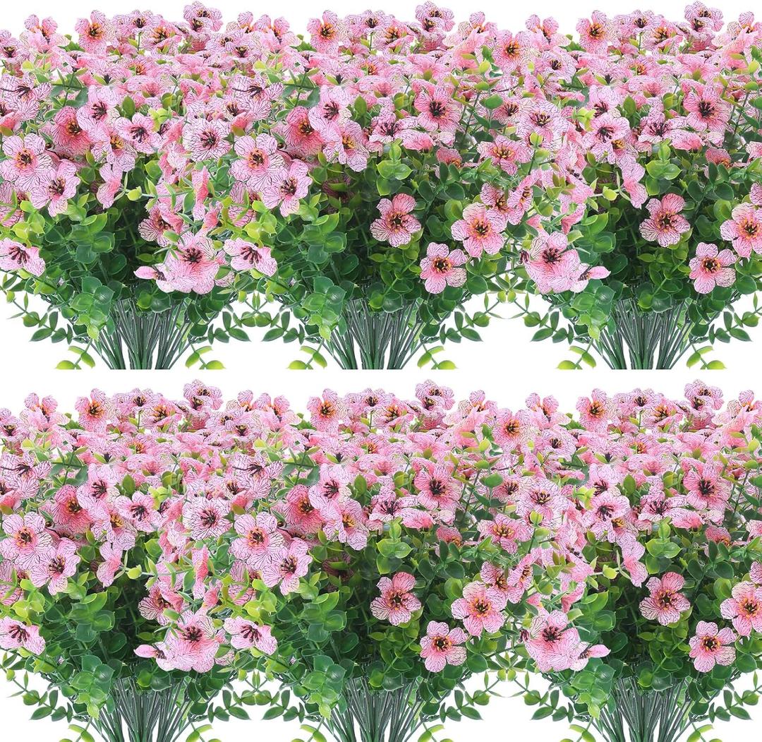 XEOLIAN 12 Bundles Artificial Flowers Outdoor UV Resistant Fake Plastic Plants Indoor Outside Hanging Plants Garden Porch Window Box Home Wedding Farmhouse Festive Shrub Decor (Pink)