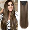 REECHO 28" Straight Long 4 PCS Set Thick Clip in on Hair Extensions -Chocolate Brown with Highlights