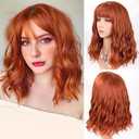 Auburn Bob Wig with Bangs Short Wavy Copper Red Wigs for Women Shoulder Length Burnt Orange Curly Bob Wigs Heat Resistant Synthetic Wigs for Halloween Cosplay Daily Party Use 14 Inch