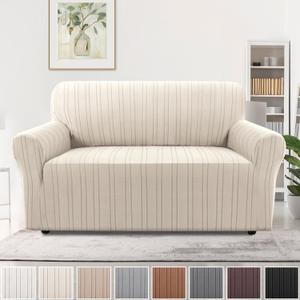 H.VERSAILTEX High Stretch Loveseat Covers 1-Piece Couch Cover Non Slip Sofa Cover with Elastic Bottom Thick Soft Sofa Covers Washable Polyester Spandex Jacquard Fabric Stripe Design(Loveseat, Natural)