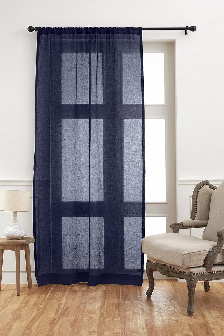 Solino Home European Flax Linen Sheer Curtain 144 Inches Long, 100% Pure Linen Navy Blue 52 x 144 Inch Long Light Filtering Rod Pocket Window Curtains Panel for Living Room, Bedroom