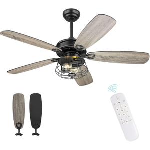 Farmhouse Ceiling Fan, 52Inch Ceiling Fans with Lights and Remote Control, Rustic Barnwood Blades, Industrial Cage Light, Matte Black, MK03-BK