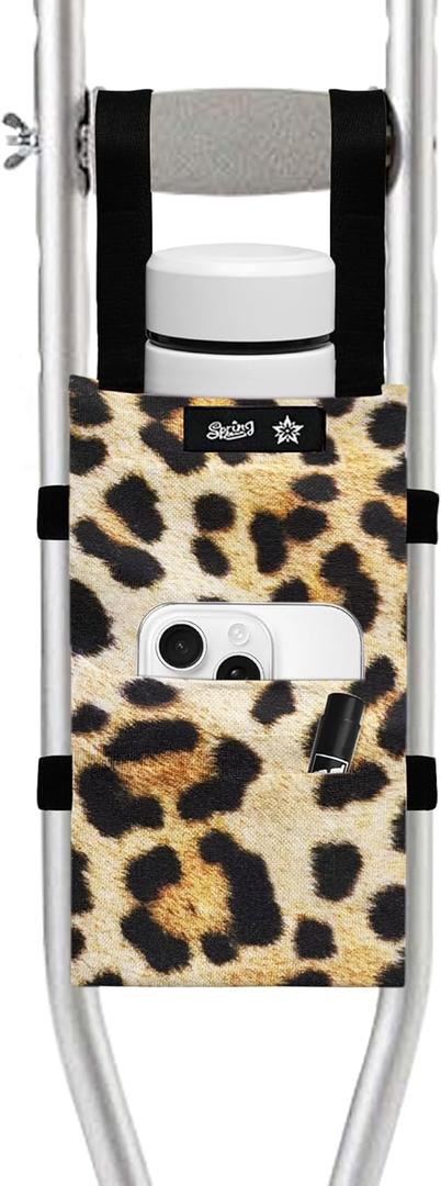 SPRING SEAON Crutch Bag Water-Resistant Pouch Lightweight Accessory Storage Carry Kit Cup and Bottle Pocket Holder Crutches Accessories for Kids, Men, Women Leopard