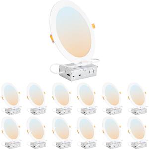 DLLT LED Recessed Ceiling Lights: 12 Pack 8 Inch 5CCT Ultra-Thin Lighting with Junction Box for Bedroom - 1800LM Brightness 18W Eqv 170W Dimmable Canless Wafer Downlight with ETL&FCC