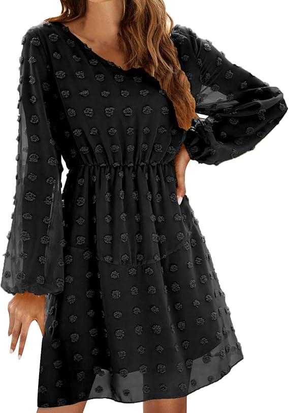 Womens Fashion A Line Skirt Ruffle V Neck Casual Loose Short Solid Color Dress Plus Size Tunic Dress, 3XL