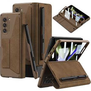 DEMCERT for Samsung Galaxy Z Fold 5 Case with [Fold5 Edition S-Pen Slot], Military Armor Cases Full Body Protective Anti-Scratch Hard Slim Leather Bracket Case with Screen Protector (Brown)