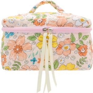 PAZIMIIK Quilted Makeup Bag Large Travel Zipper Soft Cosmetic Case for Women Girls Make Up,Floral Orange (1 PCS Bag)
