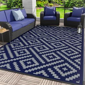 GENIMO Outdoor Rug for Patio Clearance, 6'x9' Waterproof Camping Mat, Reversible Plastic Straw Rugs for RV, Camper, Balcony, Backyard, Picnic, Deck (Blue & Grey)