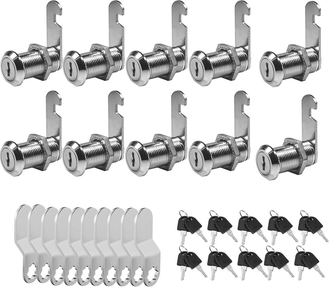 10 Pack Cam Locks Keyed Alike, 1-1/8''Cylinder Fits on 7/8'' Max Panel Thickness RV Storage Locks, Cabinet Cam Lock with Keys File Drawer Mailbox Replacement Lock Set, Zinc Alloy