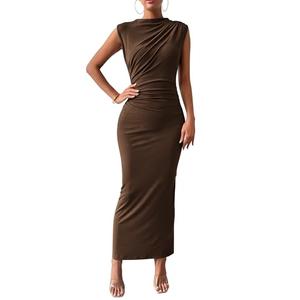 BTFBM Women Ruched Bodycon Maxi Dresses Summer Casual Sleeveless Lightweight Slit Elegant Cocktail Wedding Guest Dress(Coffee, Medium) size M