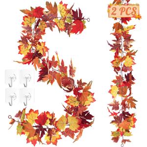 2 PCS Fall Decor, 11.8FT Fall Garland for Mantle, Fall Decorations for Home, Thanksgiving Decorations Indoor, Halloween Autumn Maples Leaf Garland for Autumn Decor Wedding Party (Brown)