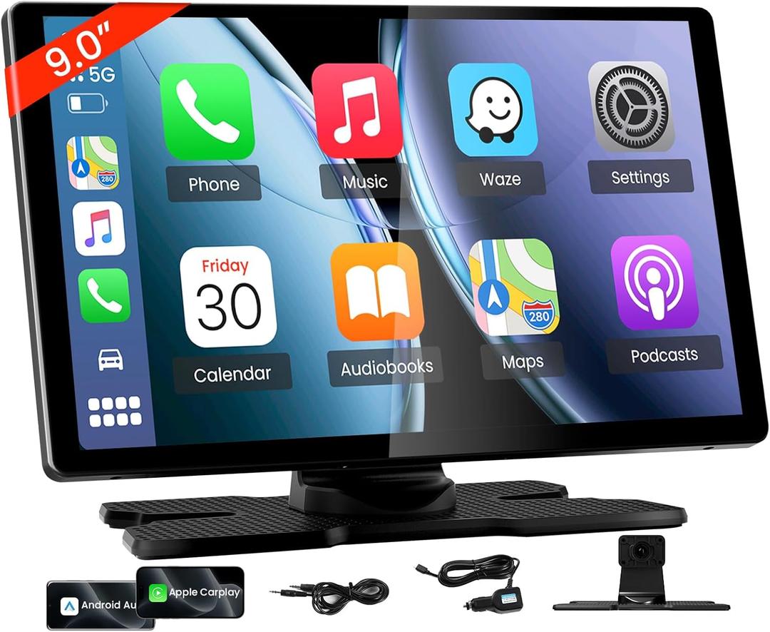 TECXERLLON 9.0'' Wireless Carplay Screen for Car, Portable Car Stereo with Apple Carplay & Android Auto, Car Audio Receivers with GPS Navigation, Mirror Link, Screen for All Vehicles(No Camera)