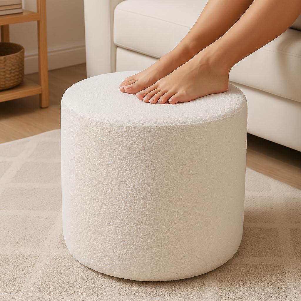 White Round Ottoman Foot Rest Stool Clean Boucle Fabric Footstool with Soft Foam Filling, Lightweight Modern Pouf for Minimalist Living Room, Bedroom, Office Pure White