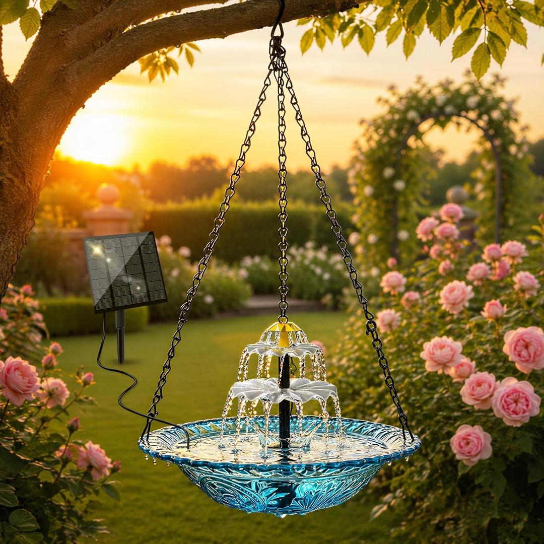 Solar Hanging Bird Bath Fountain, Solar Powered Cascading Water Fountain, Outdoor Hanging Bird Bath with Solar Fountain for Garden, Patio, Backyard