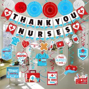 Nurses Week 2026 Decorations Set: Thank You/ Happy Nurse Paper Banner Appreciation Hanging Swirls Blue Red White Pom Pom Paper Fans Gifts Bulk RN Graduation Party Decor Supplies