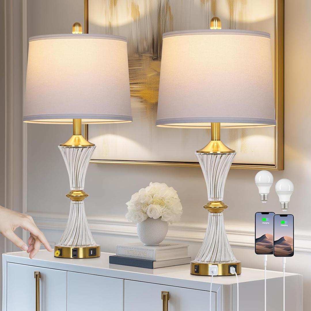 Crystal Glass Table Lamp Set of 2 with USB C+A Ports & AC Outlet, White Lamp, Modern Bedroom Lamps, Gold Lamp for Night Stands Bedroom Living Room,Nightstand Lamp LED Bulbs Included