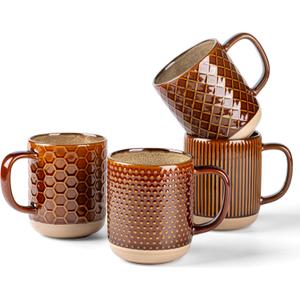 GBhome 12oz Coffee Mugs Set of 4, Handmade Stoneware Coffee Mugs Set with Large Handle for Cappuccino/Latte/Tea/Hot Cocoa, Dishwasher & Microwave Safe, Caramel
