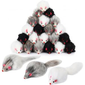Hungdao 12 Pcs Furry Mice Interactive Catch Play Rabbit Fur Mouse Rattle Sound Rat Plush for PET Cats and Kittens, 3 Colors (White,Black,Gray)