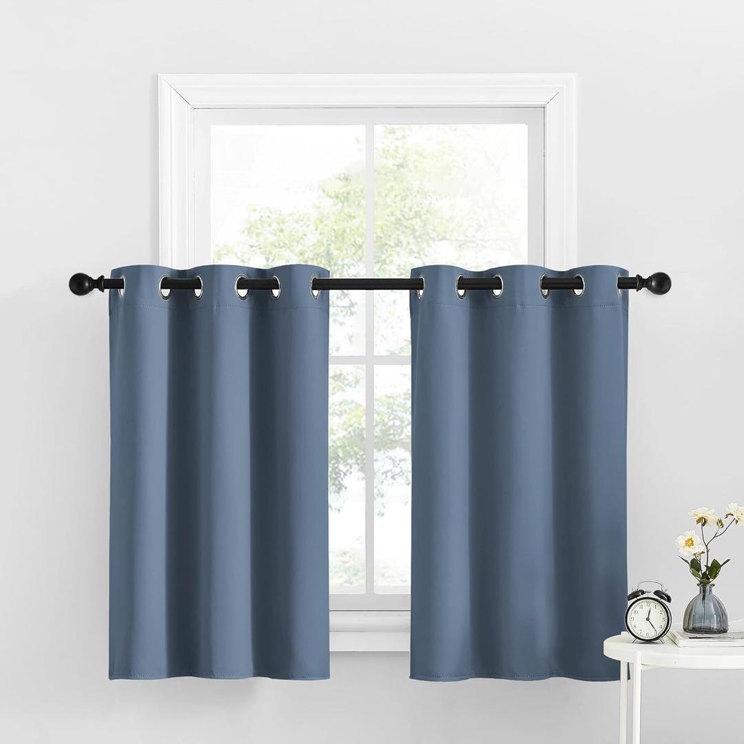 NICETOWN Kitchen Curtains 36 inch Length, Window Tiers Home Decor Grommet Solid Blackout Curtain Valances Decorative for Small Bathroom/Bedroom, 34-inch x 36-inch, Stone Blue, One Pair