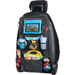 Lusso Gear Backseat Car Organizer- Kick Mat Protects Against Kids Feet - 12 Large Storage Pockets - iPad,Tablet, Water Bottle Holder- Durable, Heavy Duty Road Trip Essential (Black) (1-Pack Black)